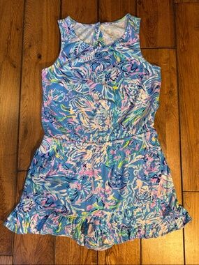 Lilly Pulitzer Girls Blue Pink Tropical Floral One-Piece Romper XL 12-14